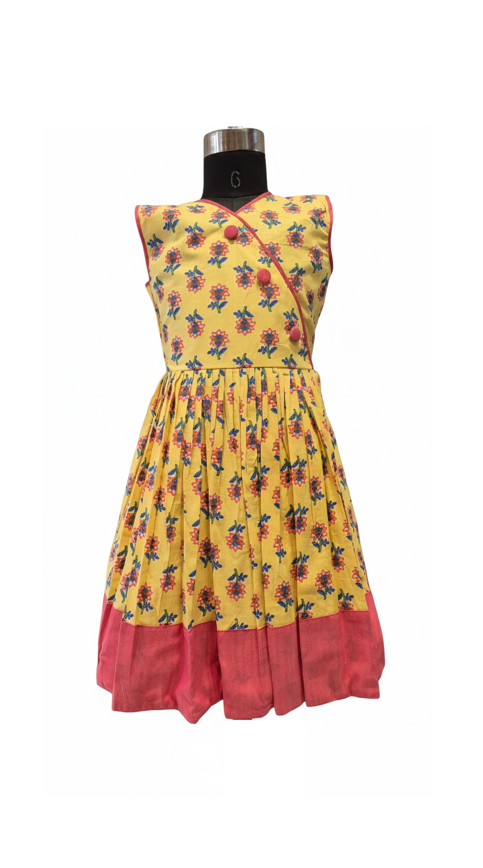 Sunshine Yellow Floral Cotton Frock with Angrakha Neck