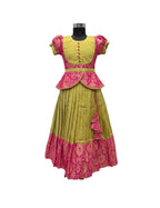 Girls' Mustard Yellow & Hot Pink Silk Peplum Lehenga Set with Rich Zari Brocade