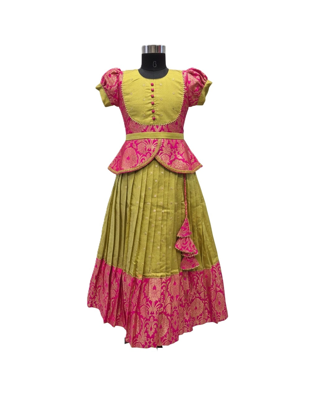 Girls' Mustard Yellow & Hot Pink Silk Peplum Lehenga Set with Rich Zari Brocade