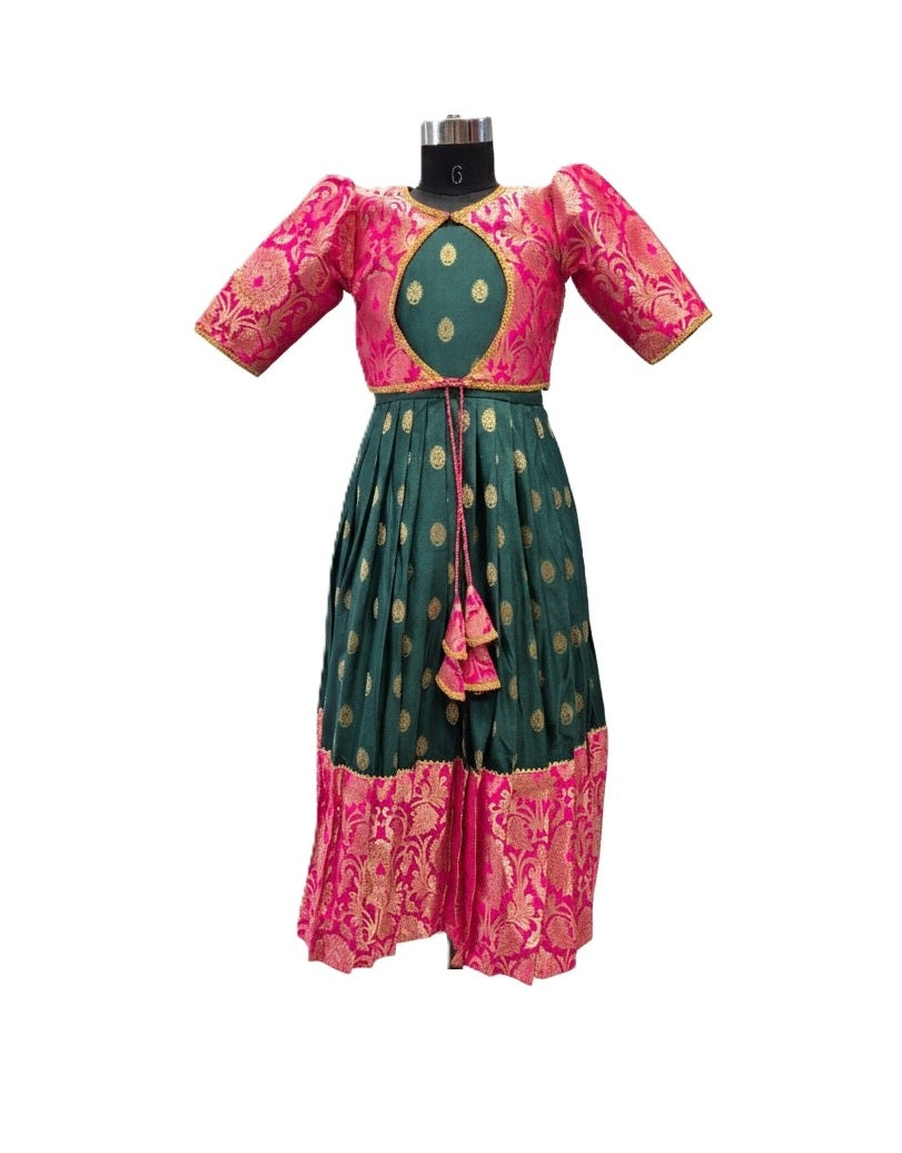Girls' Designer Bottle Green Silk dress Set with Removable Pink Brocade Jacket