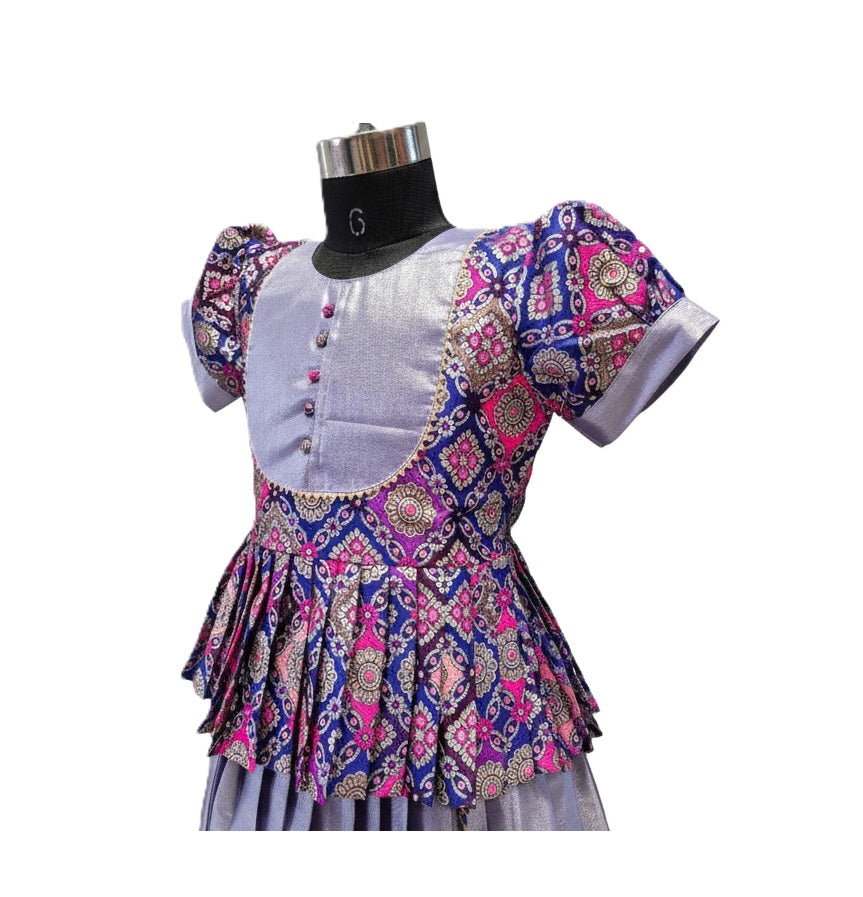 Girls' Lavender Silk Peplum Lehenga Set with Geometric Brocade & Puff Sleeves