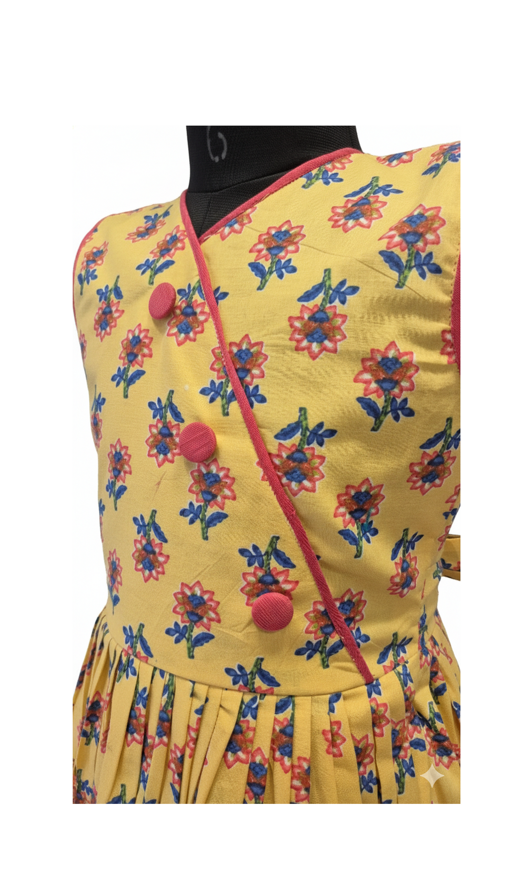 Sunshine Yellow Floral Cotton Frock with Angrakha Neck