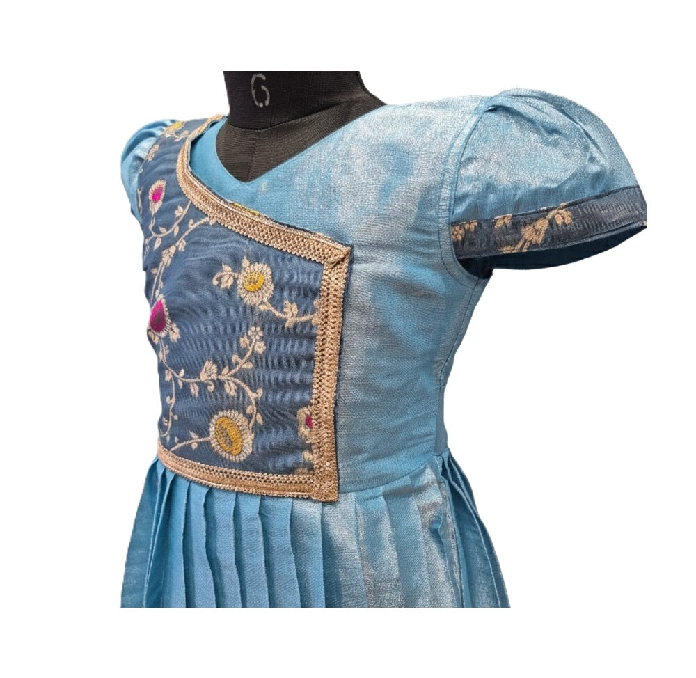 Girls' Sky Blue & Steel Blue Angrakha Style Ethnic Dress with Floral Embroidery