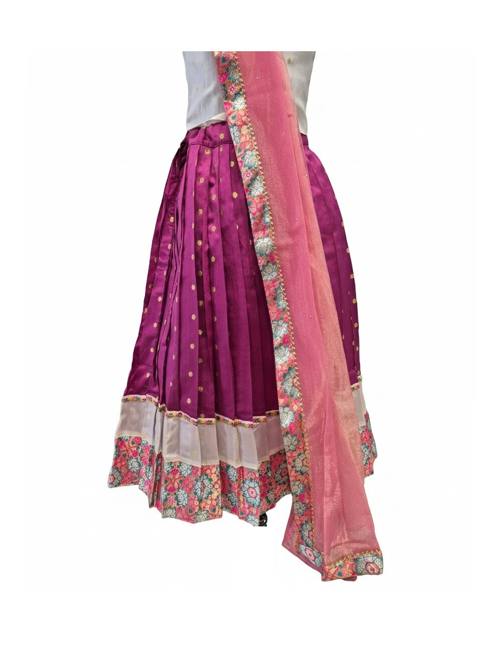 Ethnic Floral Print Wrap Blouse and Zari Butti Lehenga Set for Kids