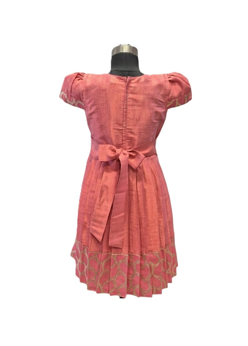 Girls' Peach Silk Angrakha Style Frock with Gold Geometric Embroidery