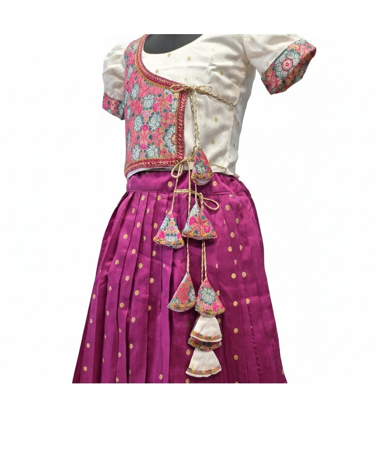 Ethnic Floral Print Wrap Blouse and Zari Butti Lehenga Set for Kids