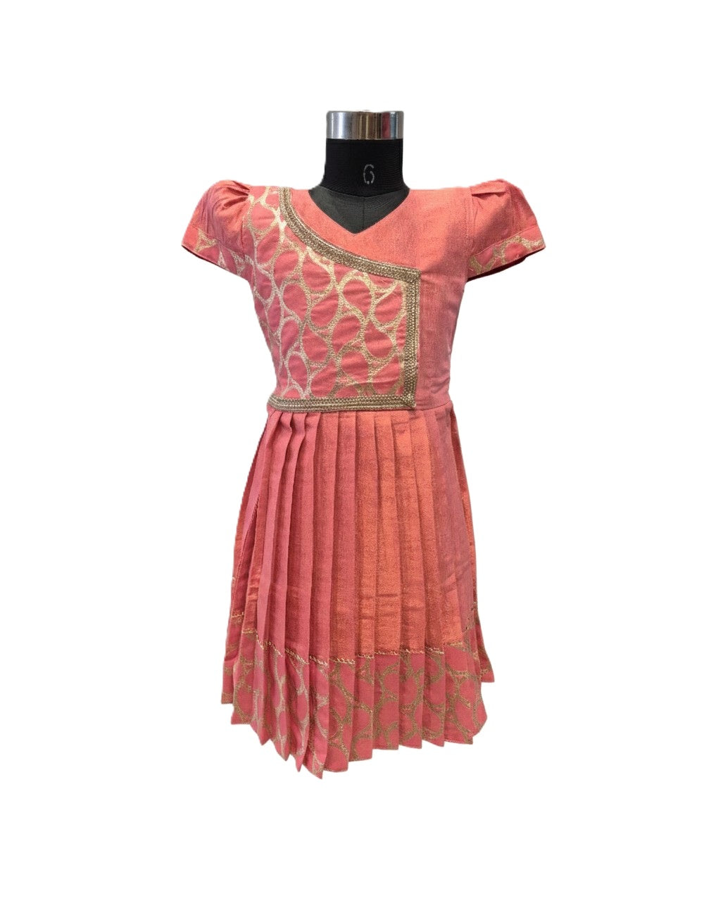 Girls' Peach Silk Angrakha Style Frock with Gold Geometric Embroidery