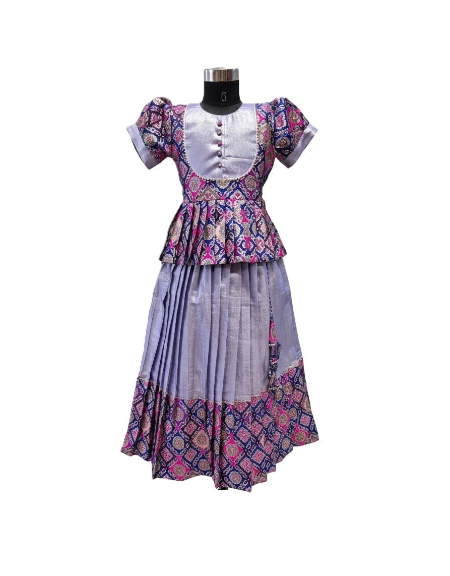 Girls' Lavender Silk Peplum Lehenga Set with Geometric Brocade & Puff Sleeves