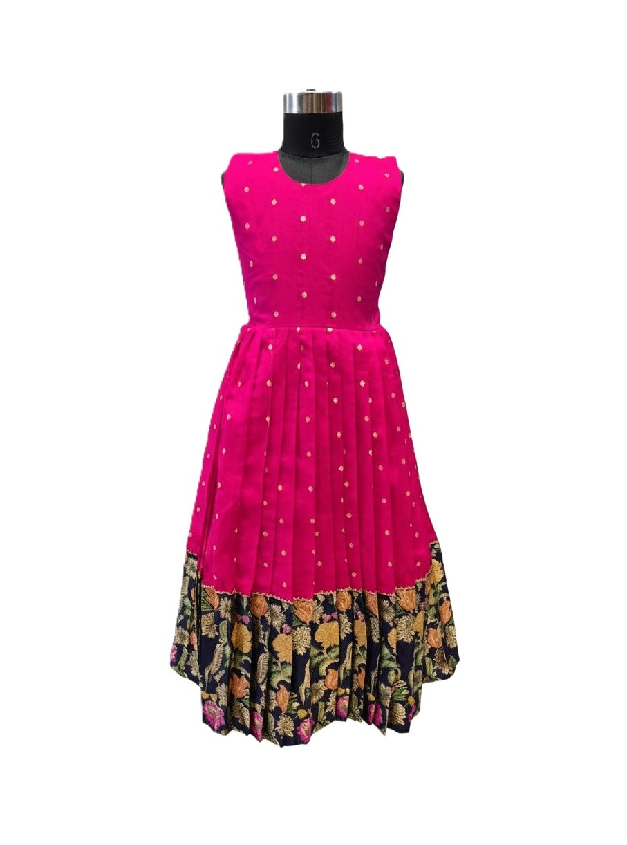 Girls' Designer Hot Pink Silk Lehenga Set with Removable Navy Floral Brocade Jacket