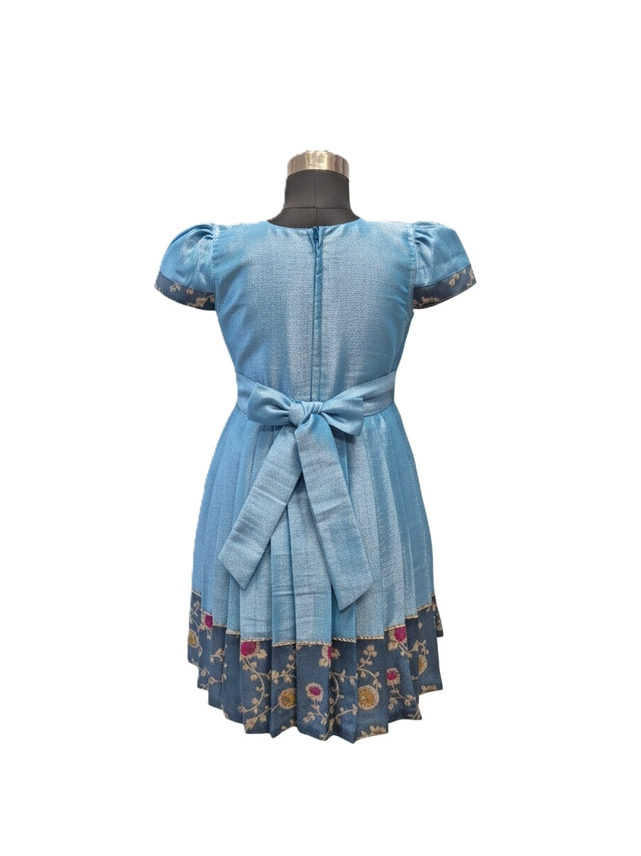 Girls' Sky Blue & Steel Blue Angrakha Style Ethnic Dress with Floral Embroidery