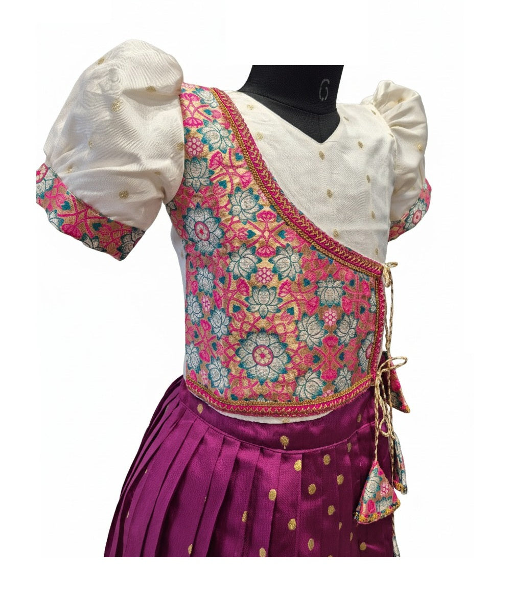 Ethnic Floral Print Wrap Blouse and Zari Butti Lehenga Set for Kids