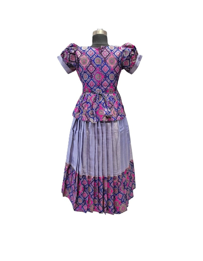 Girls' Lavender Silk Peplum Lehenga Set with Geometric Brocade & Puff Sleeves