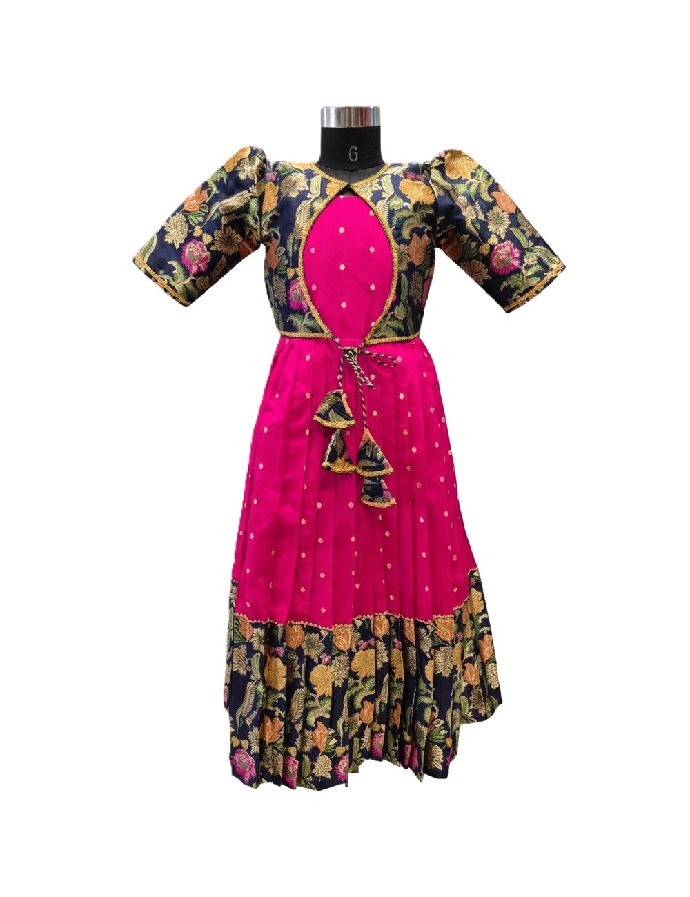 Girls' Designer Hot Pink Silk Lehenga Set with Removable Navy Floral Brocade Jacket