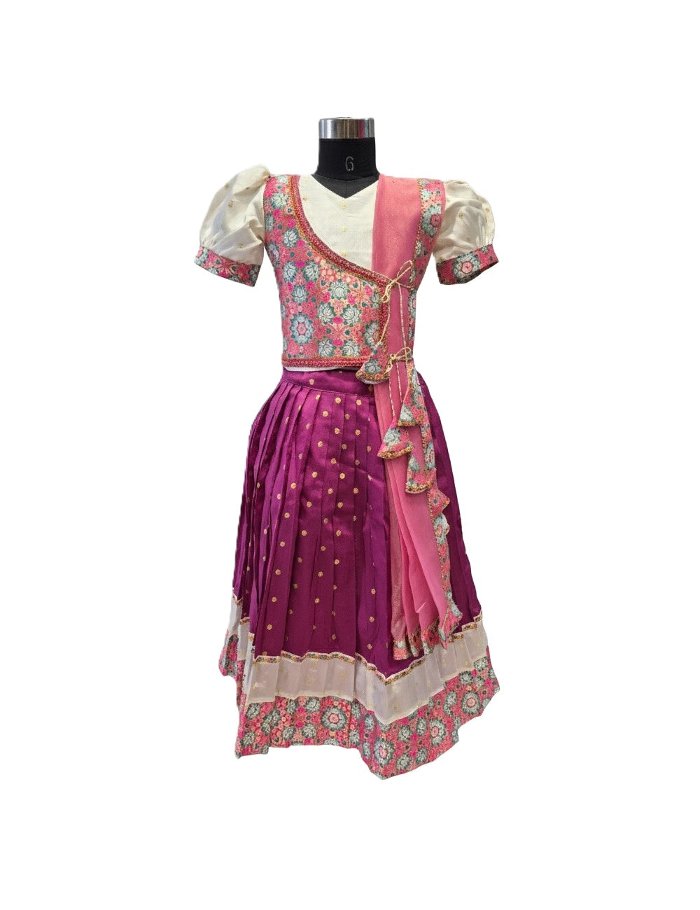 Ethnic Floral Print Wrap Blouse and Zari Butti Lehenga Set for Kids