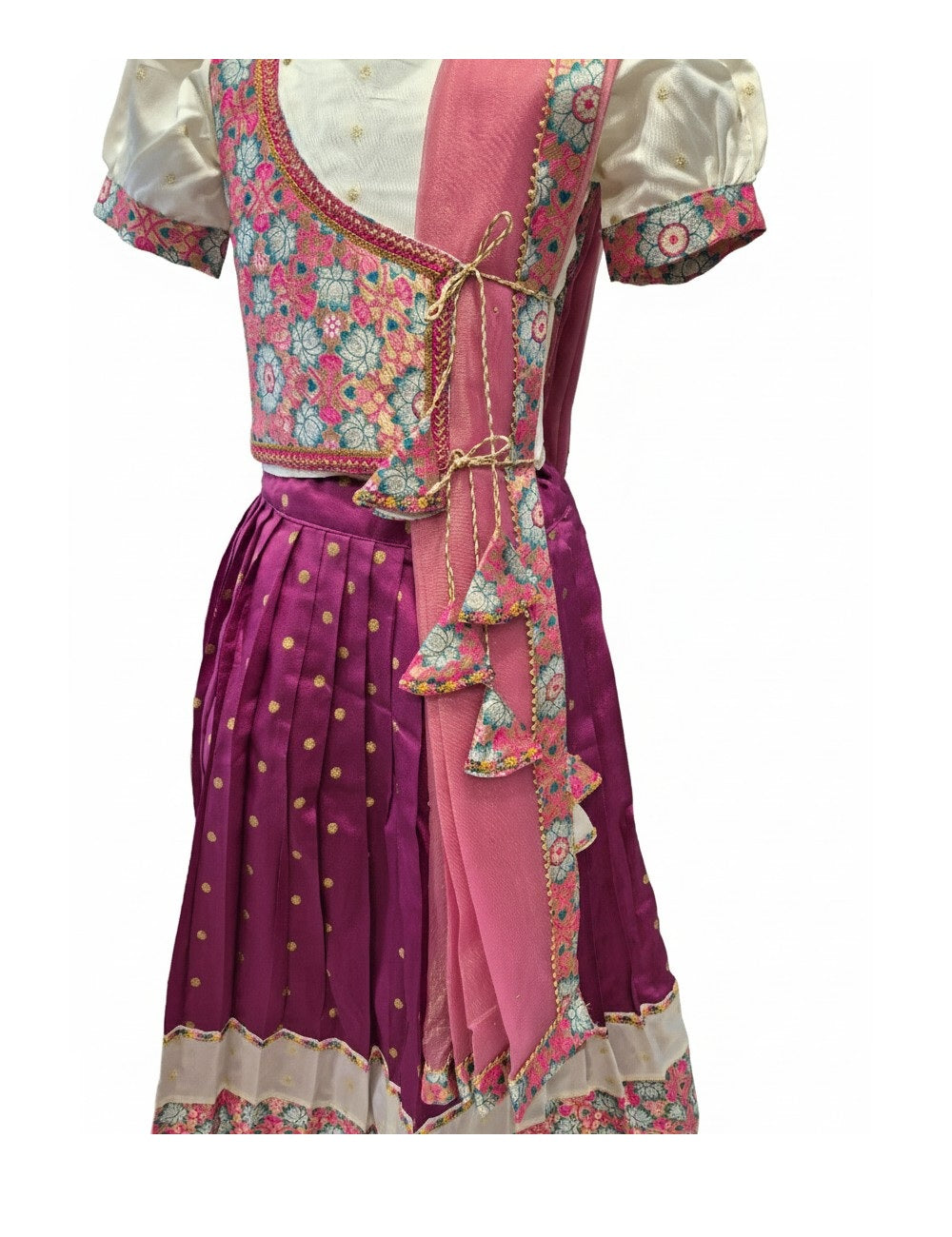 Ethnic Floral Print Wrap Blouse and Zari Butti Lehenga Set for Kids