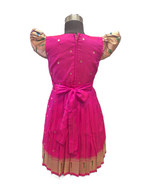 Girls' Rani Pink Silk Pattu Pavadai Set with Gold Paithani-Inspired Bodice & Petal Sleeves