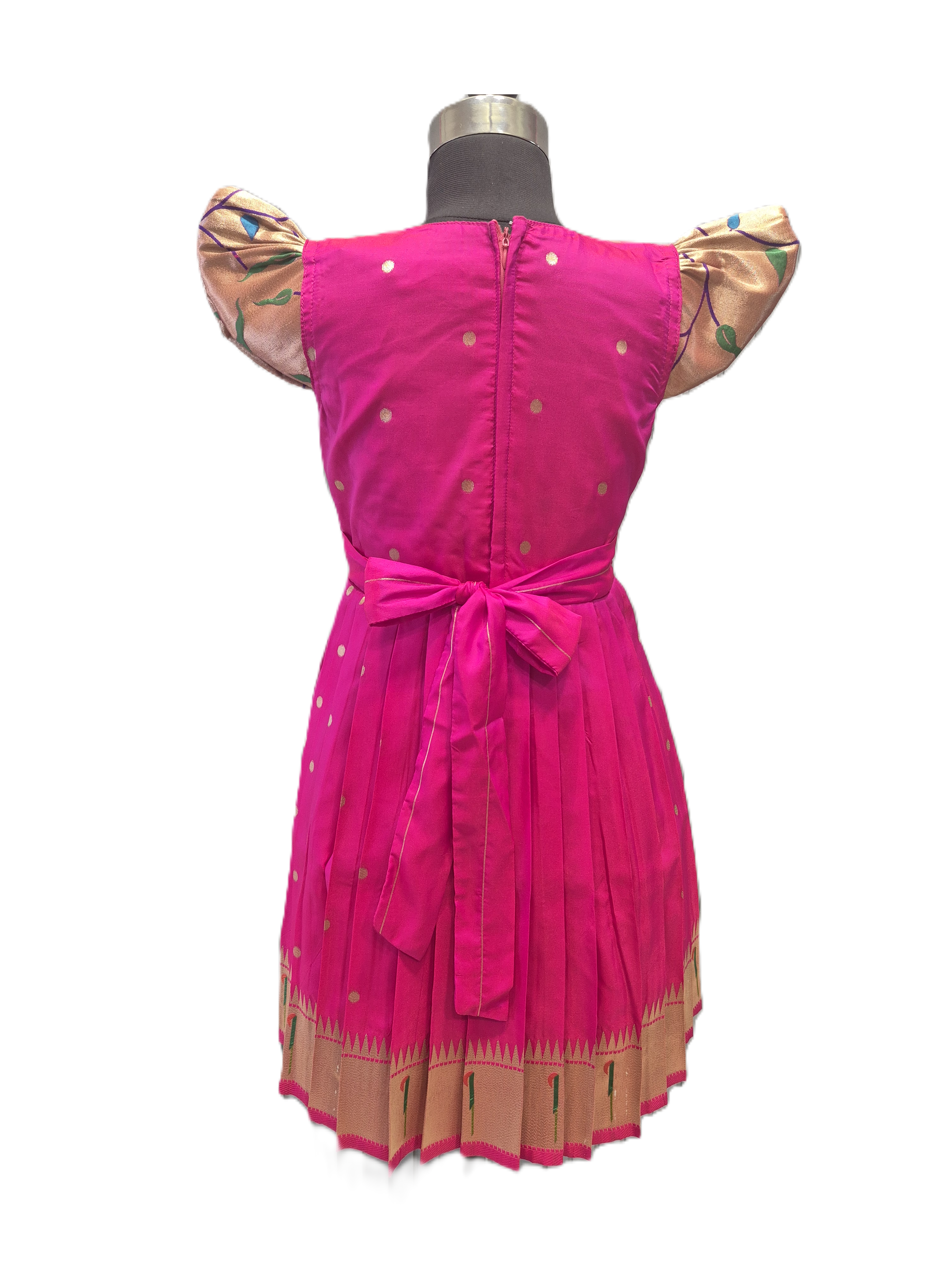 Girls' Rani Pink Silk Pattu Pavadai Set with Gold Paithani-Inspired Bodice & Petal Sleeves