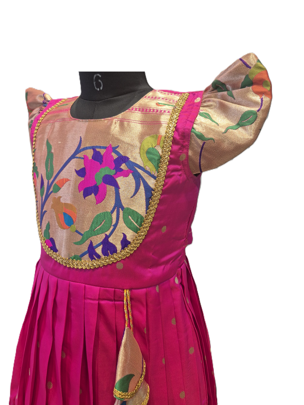 Girls' Rani Pink Silk Pattu Pavadai Set with Gold Paithani-Inspired Bodice & Petal Sleeves