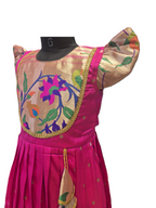 Girls' Rani Pink Silk Pattu Pavadai Set with Gold Paithani-Inspired Bodice & Petal Sleeves