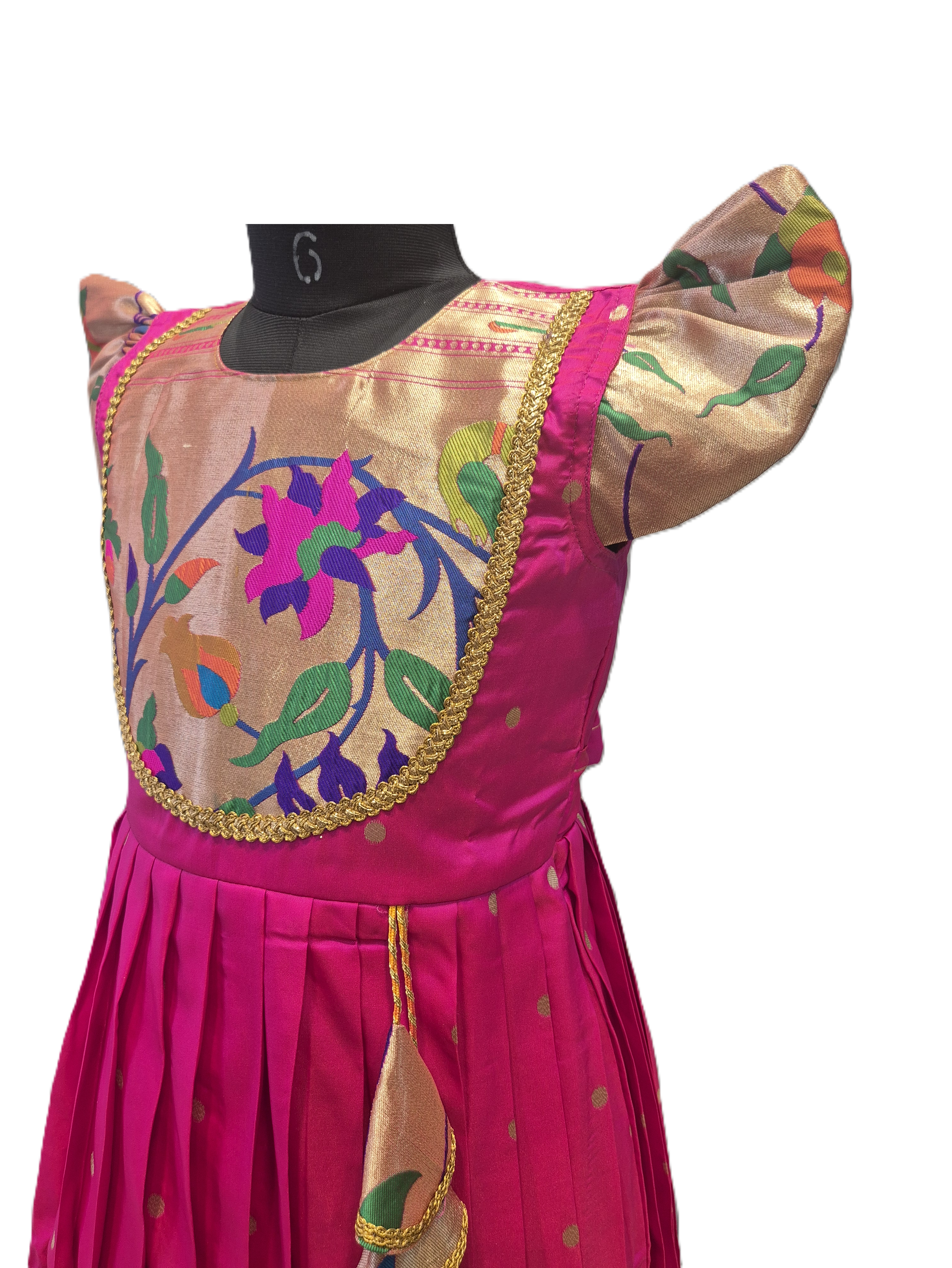 Girls' Rani Pink Silk Pattu Pavadai Set with Gold Paithani-Inspired Bodice & Petal Sleeves