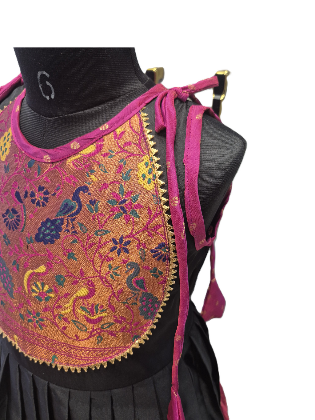 Girls' Traditional Black & Magenta Knee-Length Frock with Peacock Brocade Yoke