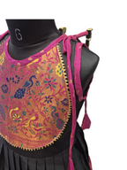 Girls' Traditional Black & Magenta Knee-Length Frock with Peacock Brocade Yoke