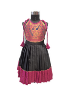 Girls' Traditional Black & Magenta Knee-Length Frock with Peacock Brocade Yoke