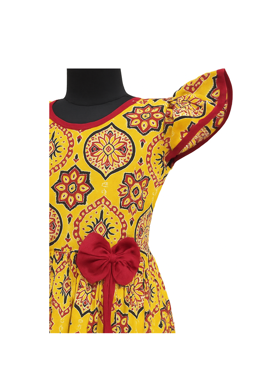 Teal Yellow Cotton Frock Style Dress with Ethnic Side Tassels