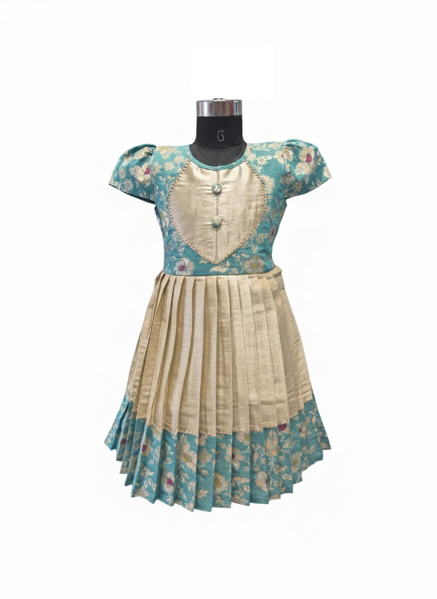 Girls' Traditional Teal & Champagne Gold Floral Brocade Frock
