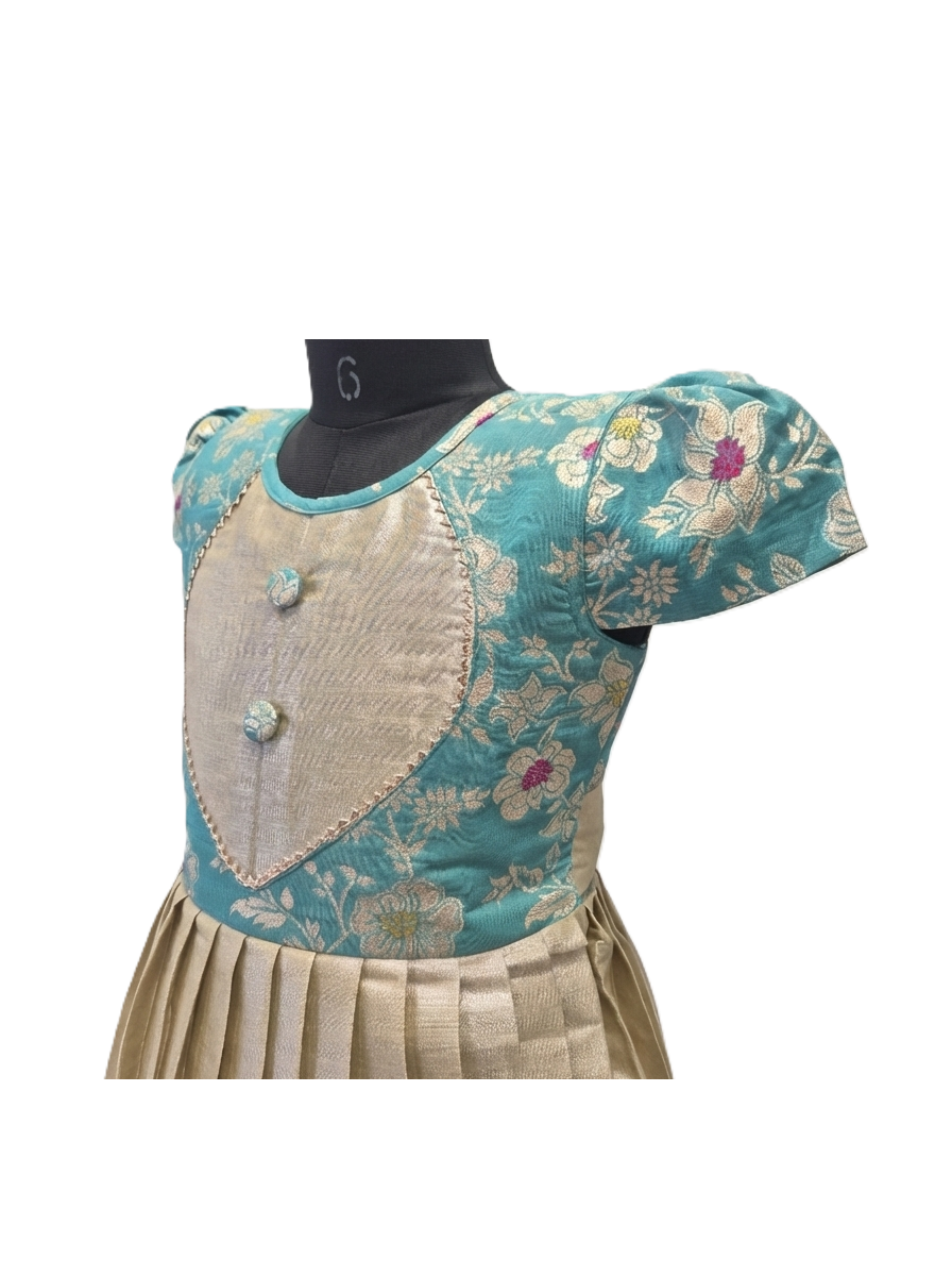 Girls' Traditional Teal & Champagne Gold Floral Brocade Frock