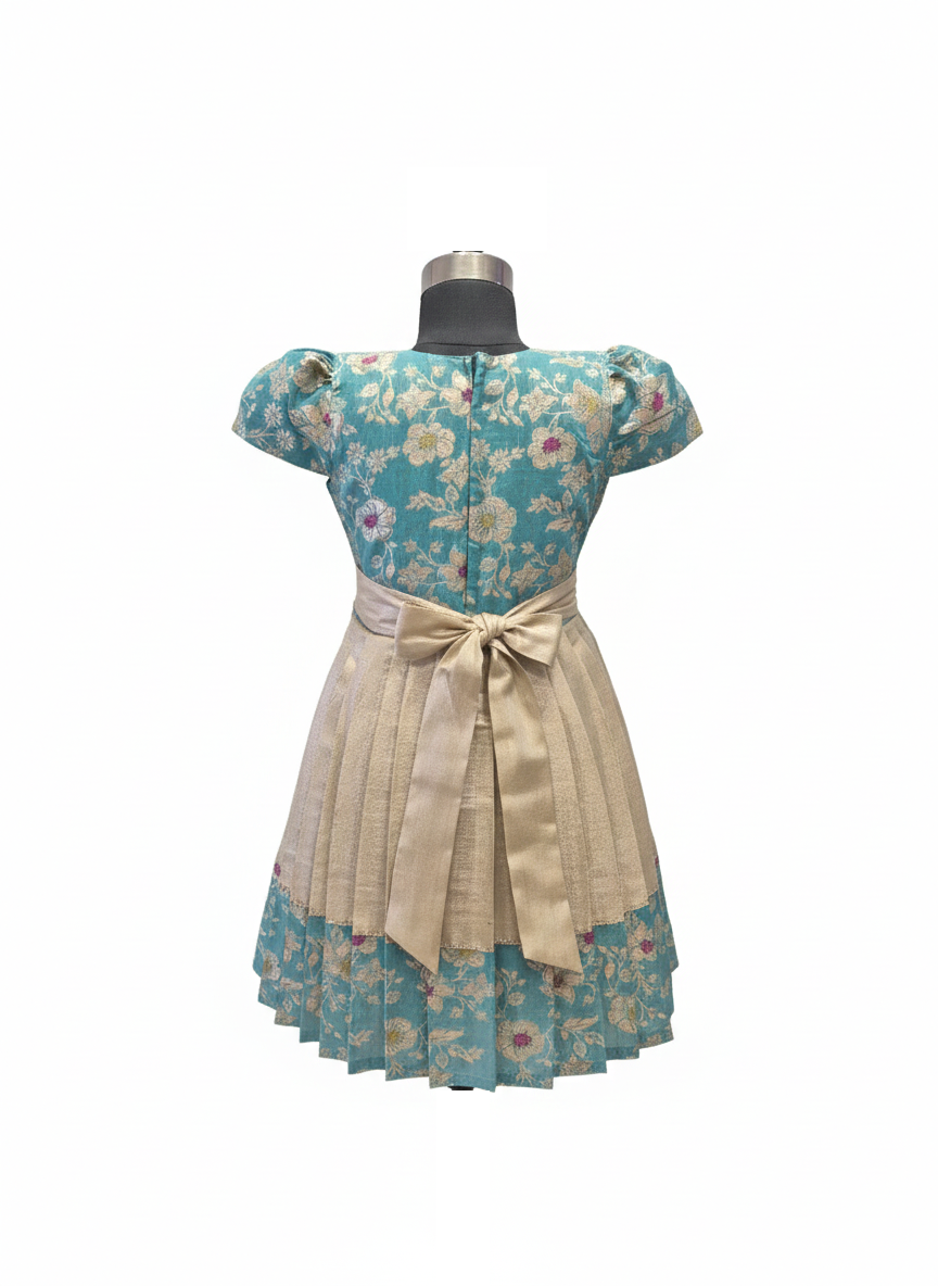 Girls' Traditional Teal & Champagne Gold Floral Brocade Frock