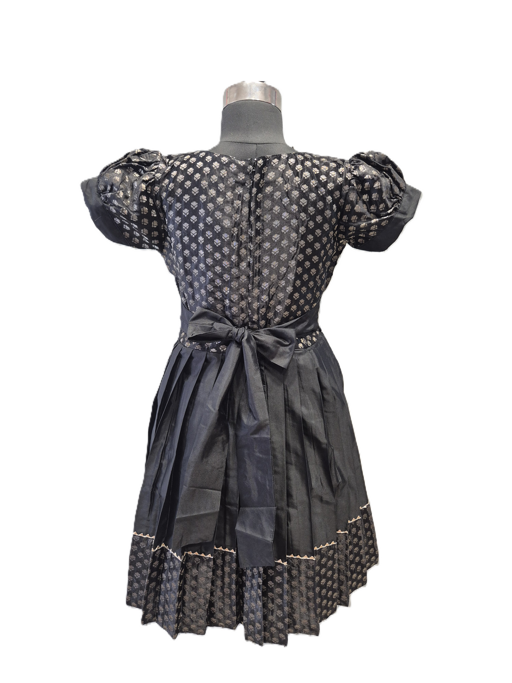 Girls' Midnight Black Silk Ethnic Frock with Silver Zari Brocade & Pleated Skirt