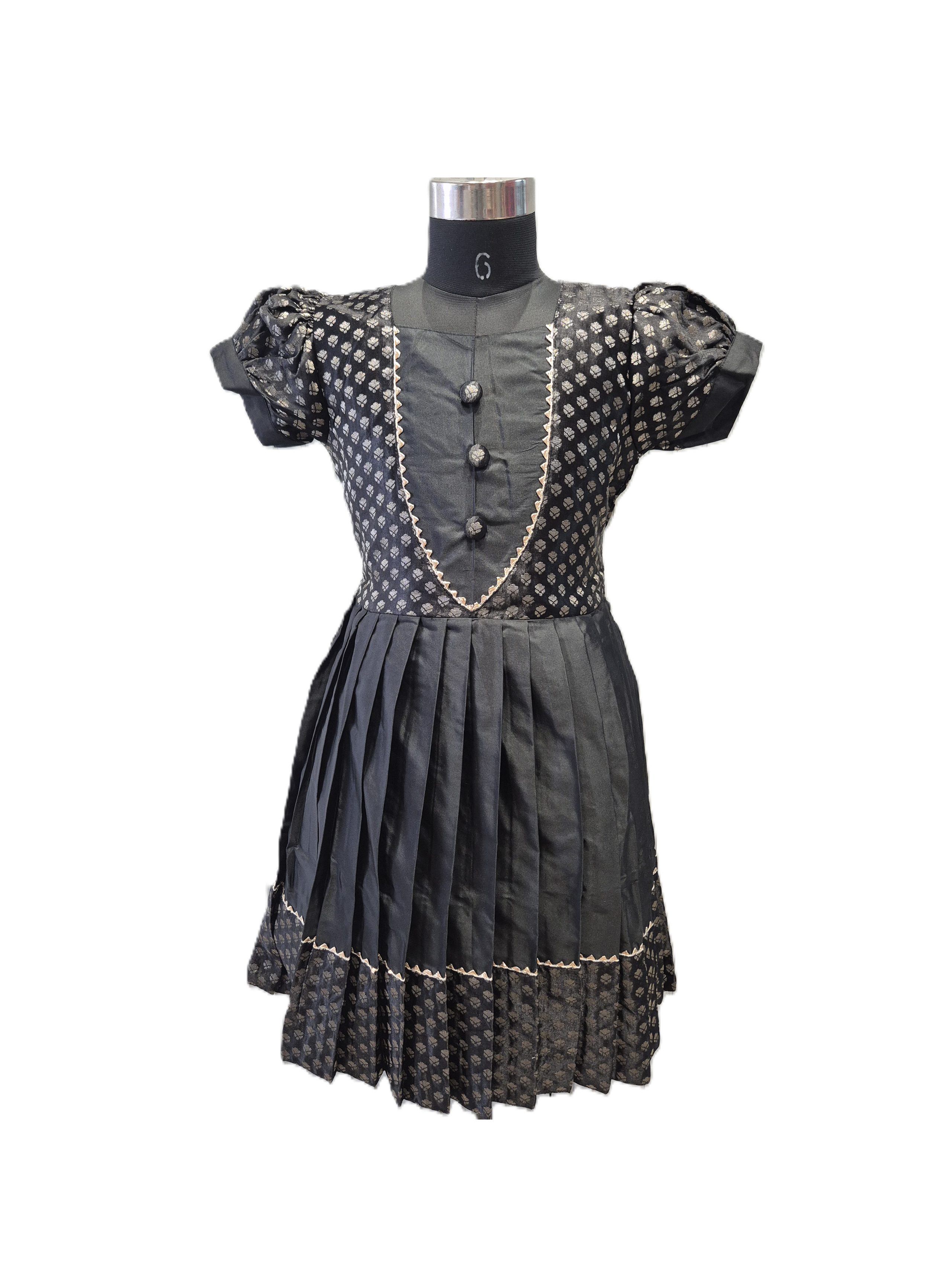 Girls' Midnight Black Silk Ethnic Frock with Silver Zari Brocade & Pleated Skirt