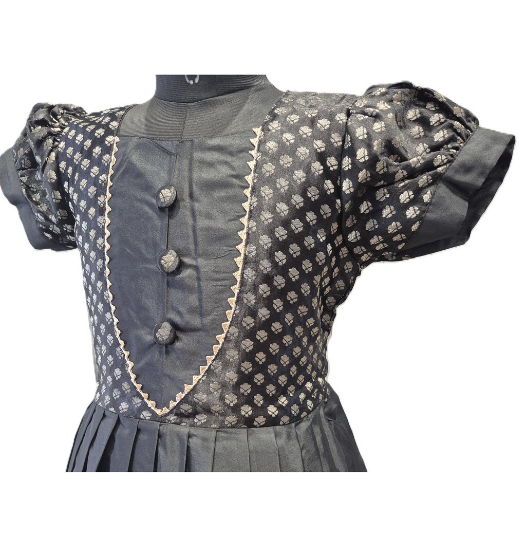 Girls' Midnight Black Silk Ethnic Frock with Silver Zari Brocade & Pleated Skirt