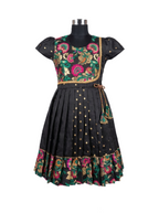Girls' Black & Pink Angrakha Style Ethnic Frock with Vibrant Floral Brocade and Gold Butti
