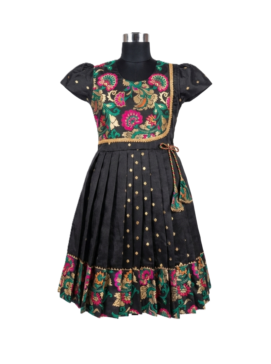 Girls' Black & Pink Angrakha Style Ethnic Frock with Vibrant Floral Brocade and Gold Butti