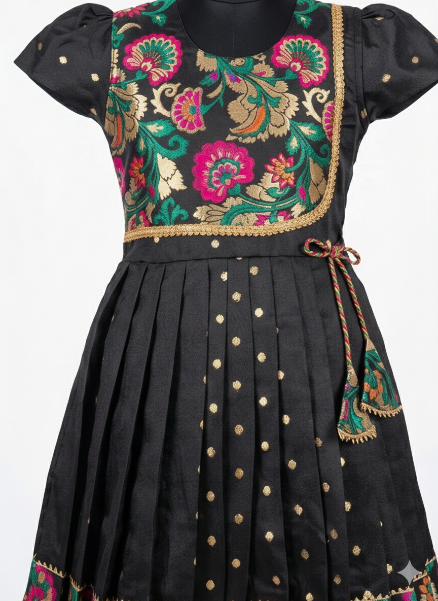 Girls' Black & Pink Angrakha Style Ethnic Frock with Vibrant Floral Brocade and Gold Butti