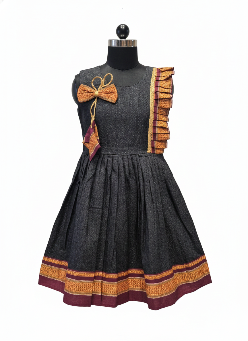 Girls' Teal Blue Silk Peplum Blouse with Vibrant Floral Border & Puff Sleeves