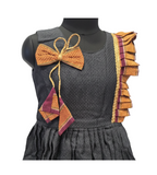 Girls' Teal Blue Silk Peplum Blouse with Vibrant Floral Border & Puff Sleeves