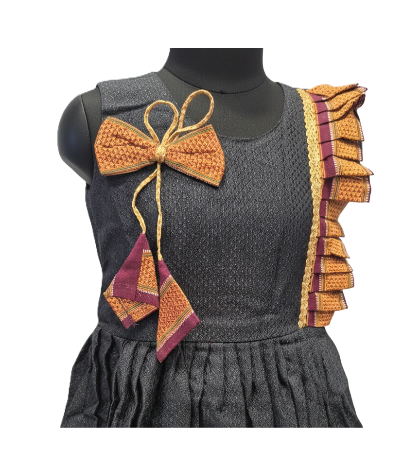 Girls' Teal Blue Silk Peplum Blouse with Vibrant Floral Border & Puff Sleeves