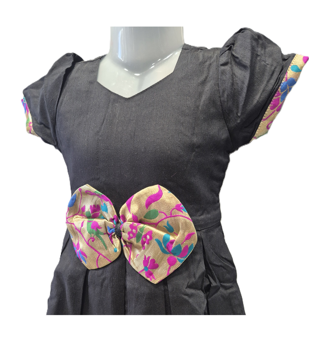 Girls' Traditional Teal Silk Peplum Blouse with Vibrant Floral Brocade and Puff Sleeves