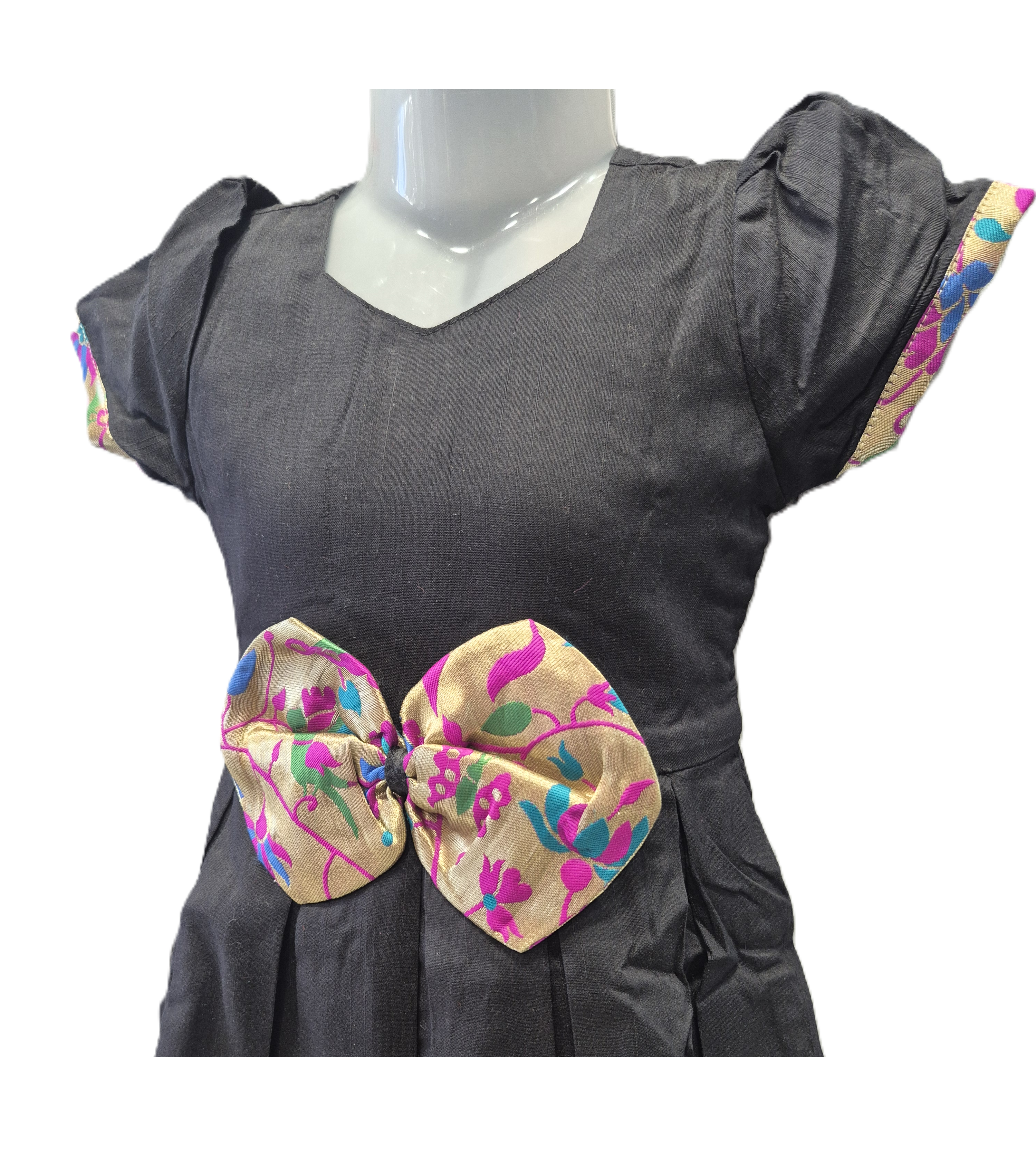 Girls' Traditional Teal Silk Peplum Blouse with Vibrant Floral Brocade and Puff Sleeves