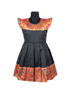 Girls' Traditional Midnight Black Silk Frock with Copper Floral Brocade Yoke & Border