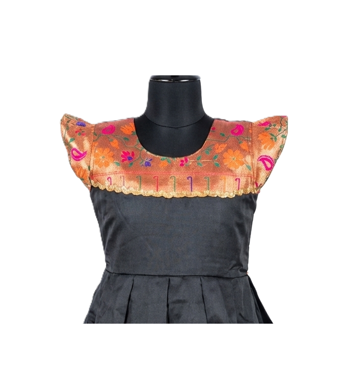 Girls' Traditional Midnight Black Silk Frock with Copper Floral Brocade Yoke & Border