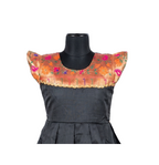 Girls' Traditional Midnight Black Silk Frock with Copper Floral Brocade Yoke & Border