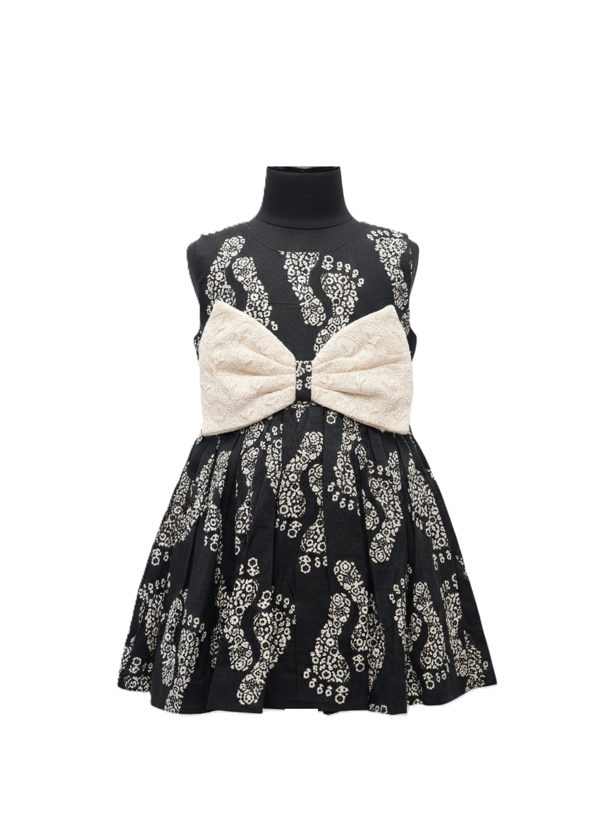 Girls' Designer Black & Cream Cotton Frock with Statement Lace Bow
