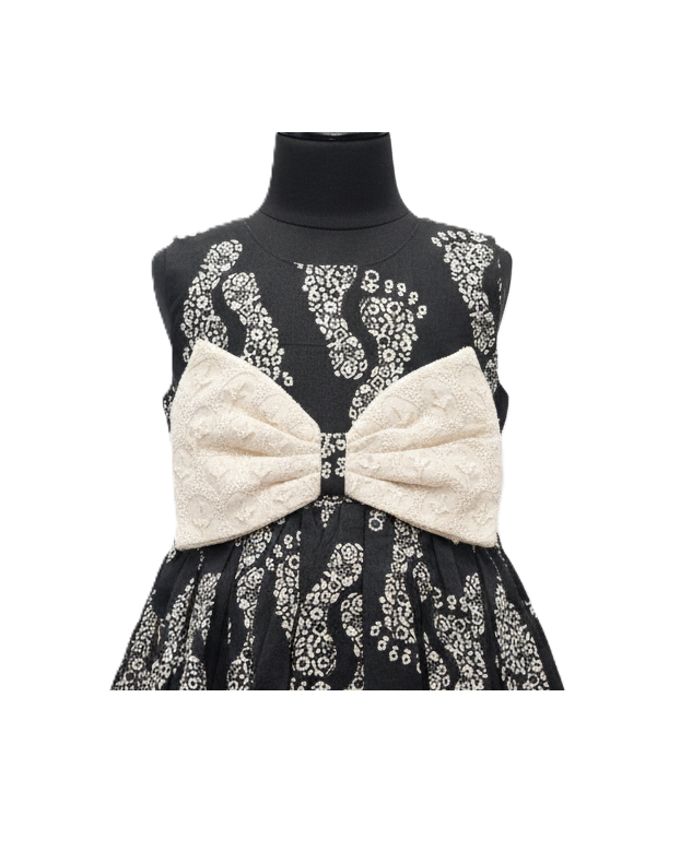 Girls' Designer Black & Cream Cotton Frock with Statement Lace Bow