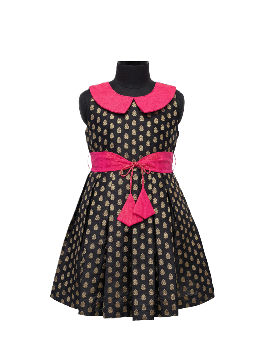 Girls' Designer Black & Gold Zari Butti Frock with Hot Pink Peter Pan Collar