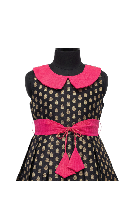 Girls' Designer Black & Gold Zari Butti Frock with Hot Pink Peter Pan Collar