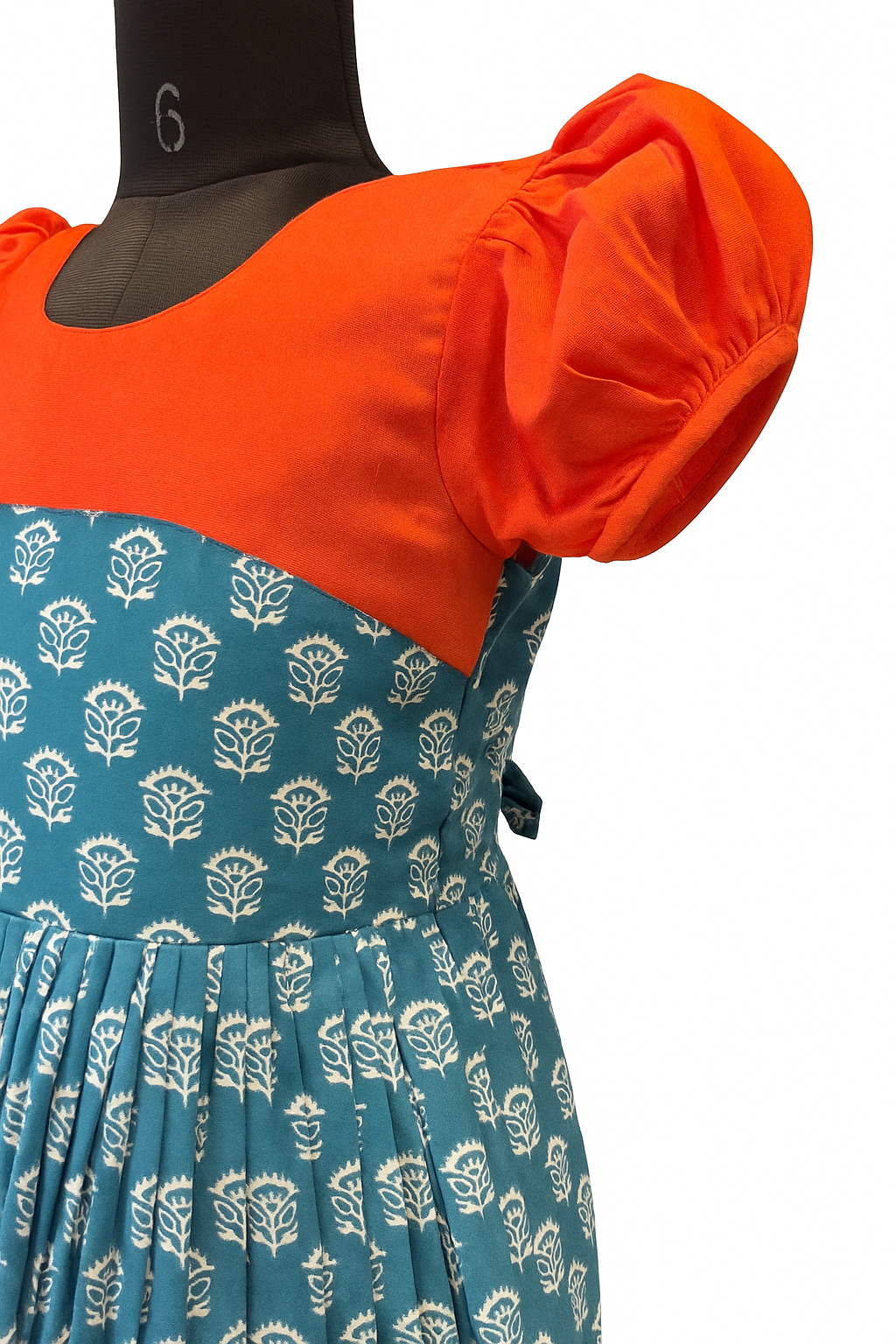 Vibrant Orange & Blue Pleated Cotton Frock with Contrast Yoke and Hem